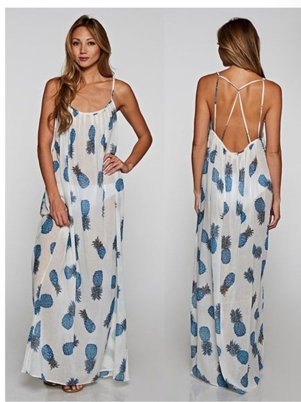 LoveStitch Pineapple Print Swim Cover Up Maxi Dress Semi Sheer Flowy Size S/M